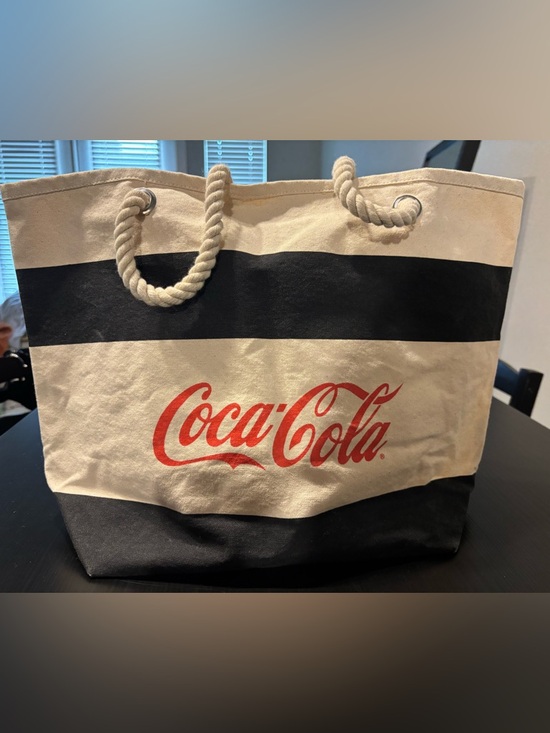 Coca Cola Handbags - Coca-Cola Canvas Tote Black Cream Striped Nautical Rope Handle Beach Bag